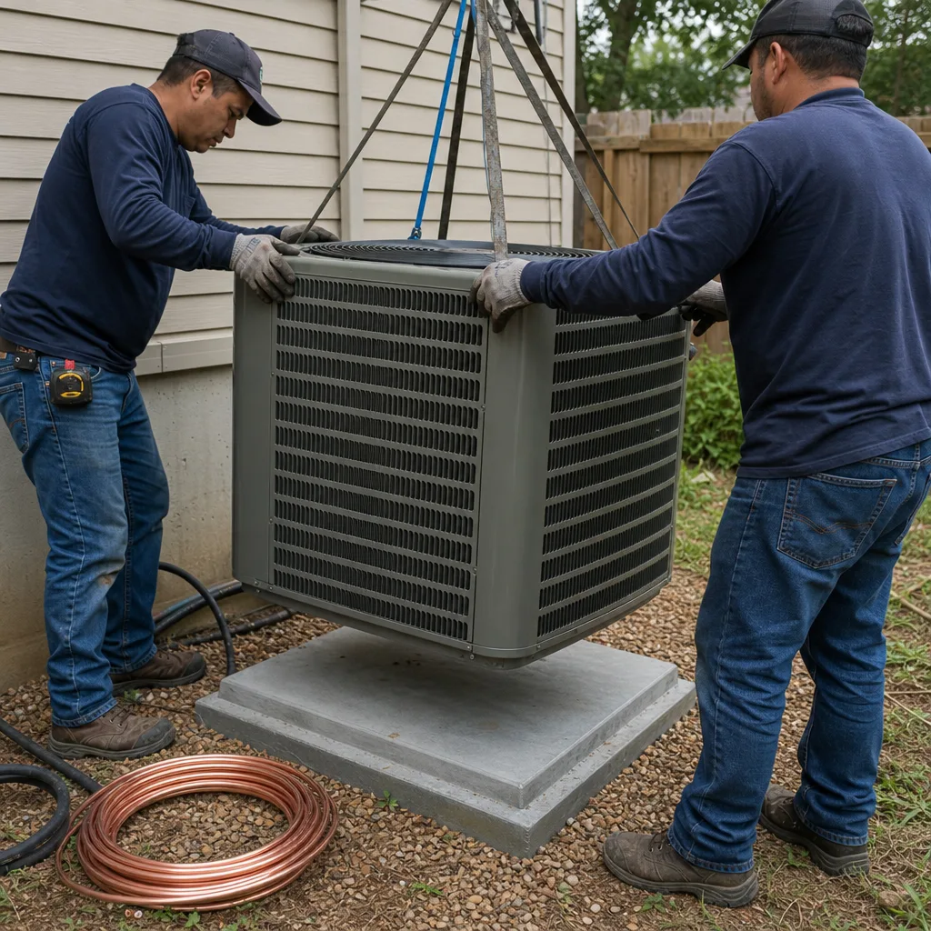 Two HVAC technicians installing a residential central air conditioning unit.