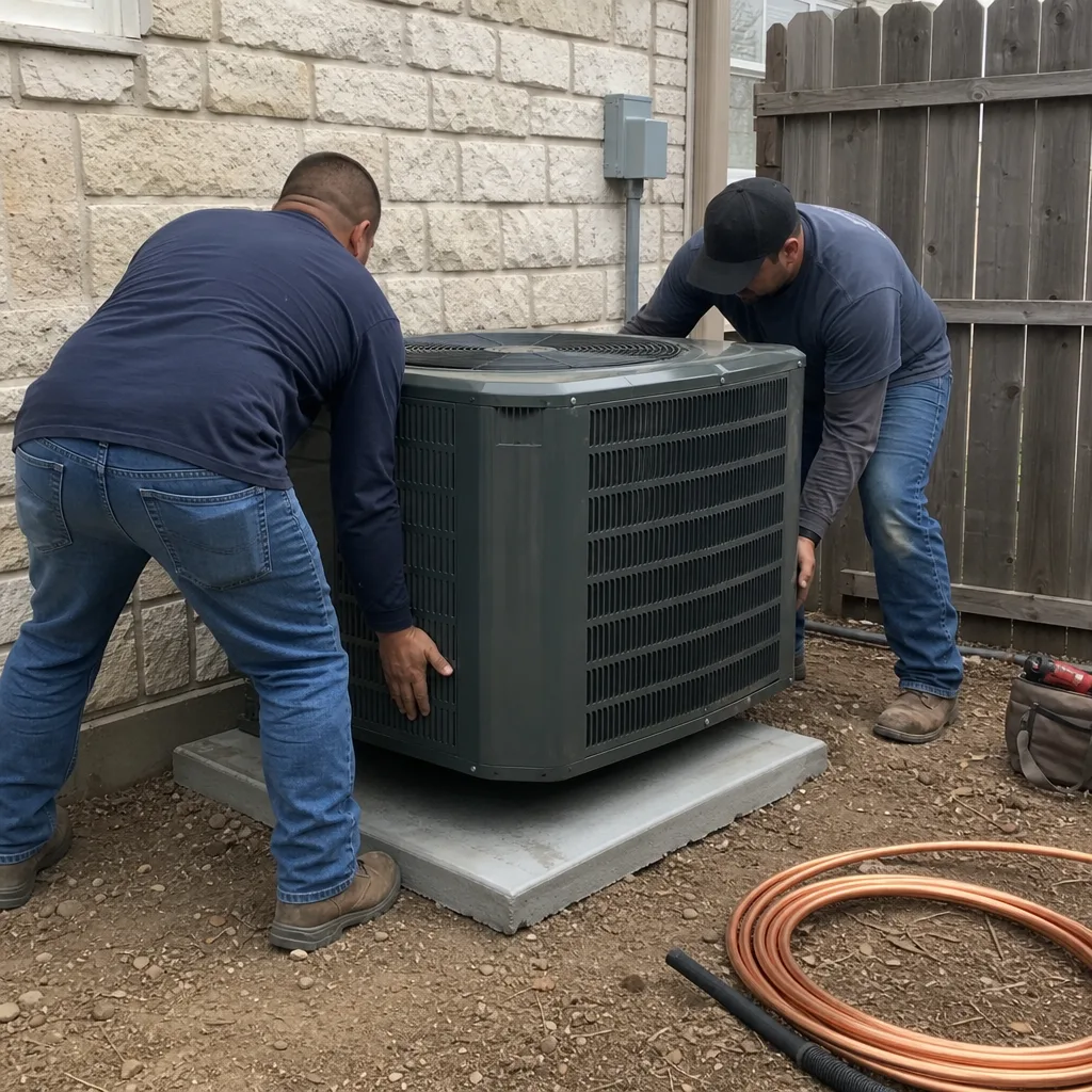 Two technicians performing professional AC installation on a home exterior.