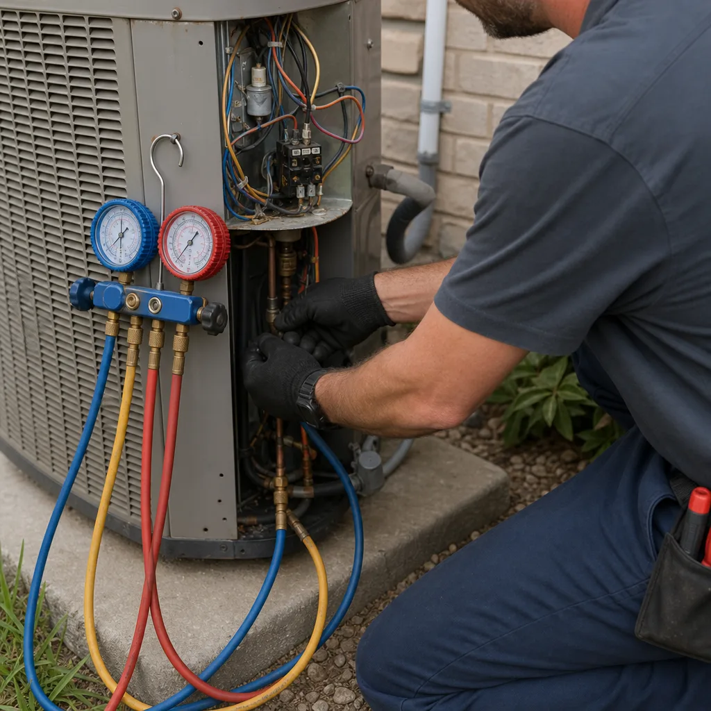 HVAC technician performing professional air conditioning installation and system maintenance.