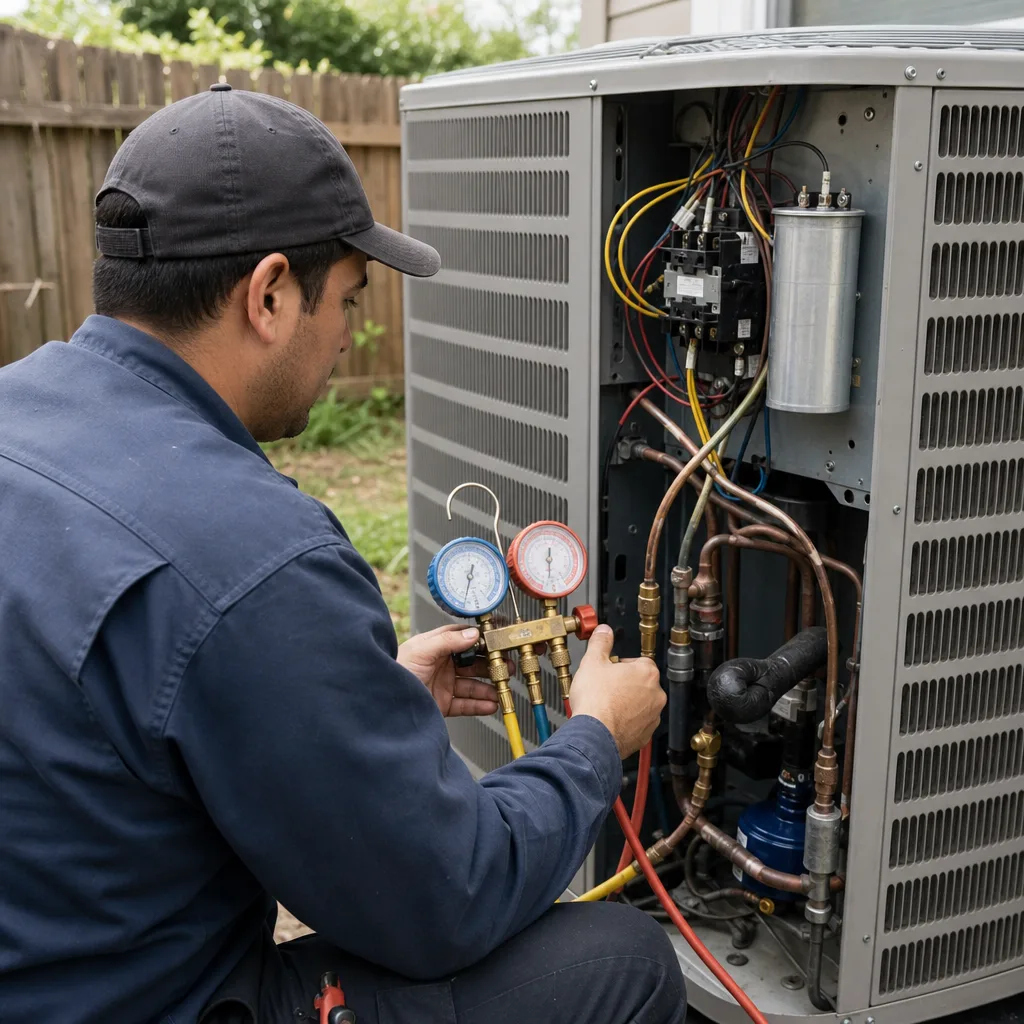 HVAC technician performing professional AC repair on an outdoor condenser unit