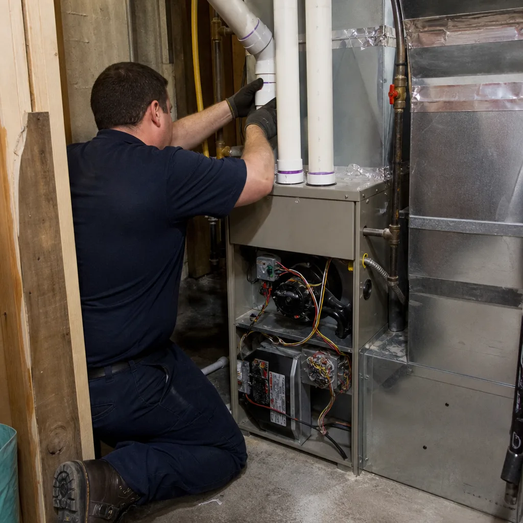 HVAC technician performing professional furnace repair and maintenance