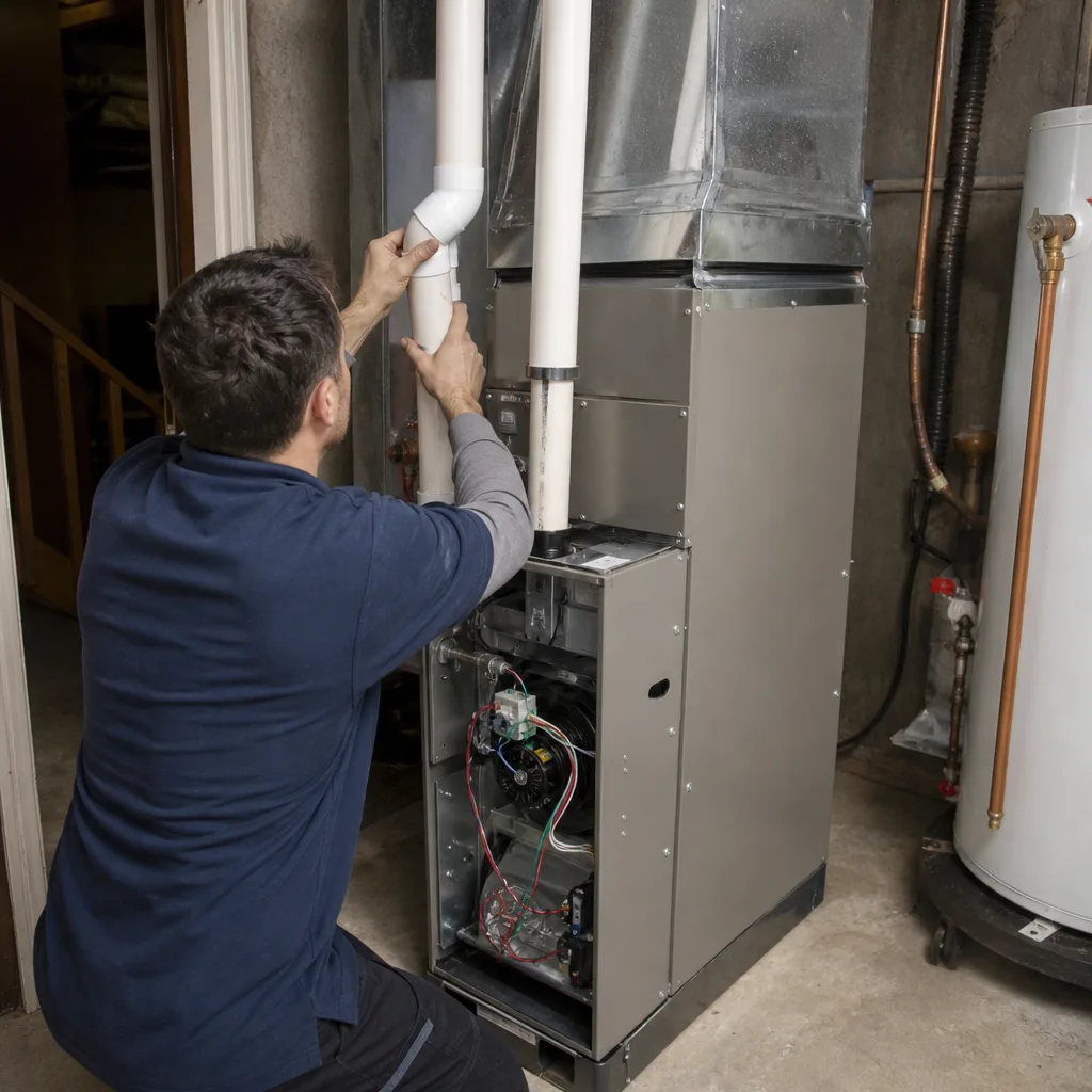 HVAC technician performing professional furnace repair and pipe installation